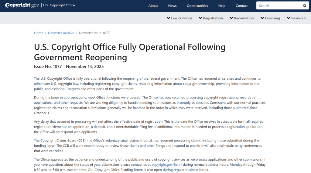 美国版权局结束停摆，已于11月14日全面运作并重启所有服务